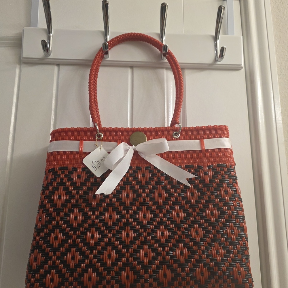 Red and Black Woven Tote Bag